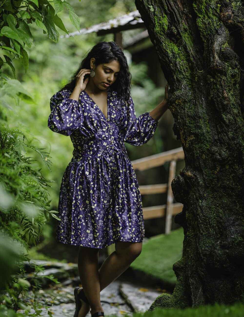 Blue Floral Short Cotton Dress - Image 3