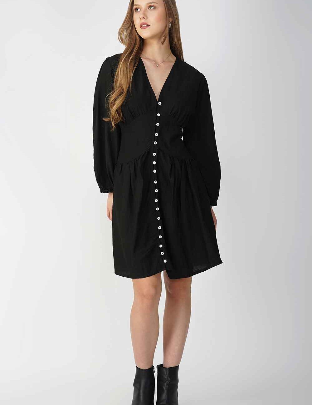 Black Buttoned Long Sleeve Dress - Image 3