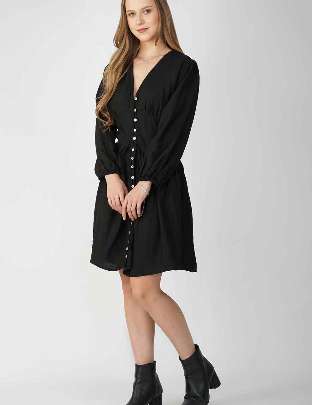 Black Buttoned Long Sleeve Dress - Image 5