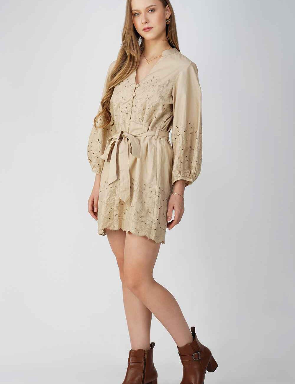 Sand Off-White Hakoba Cotton Tunic Embroidered Dress - Image 4