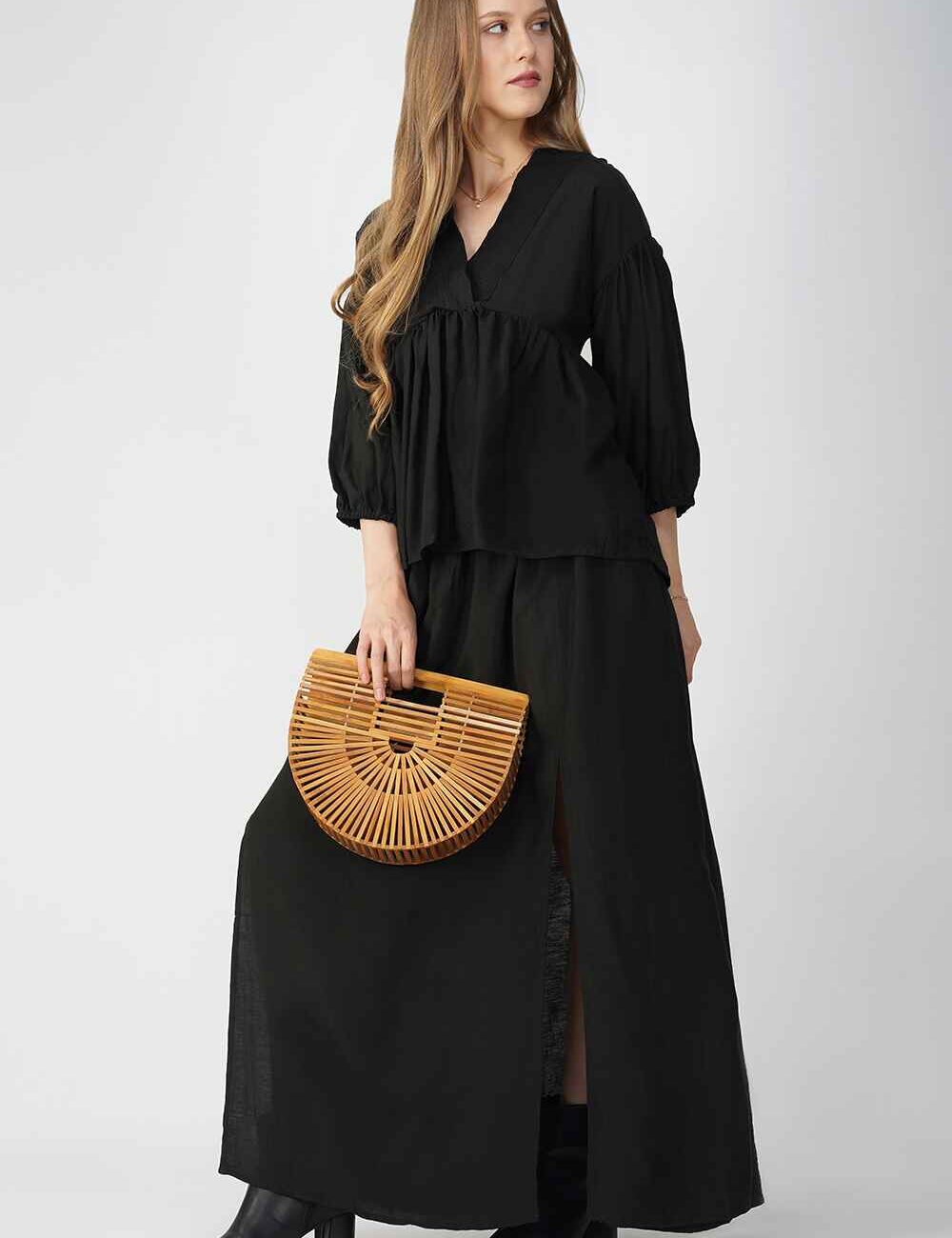 Black Cotton Linen Peplum Top - Image 5