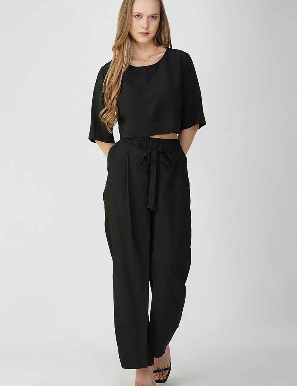 Black Cotton-Linen Palazzo Pants - Image 3