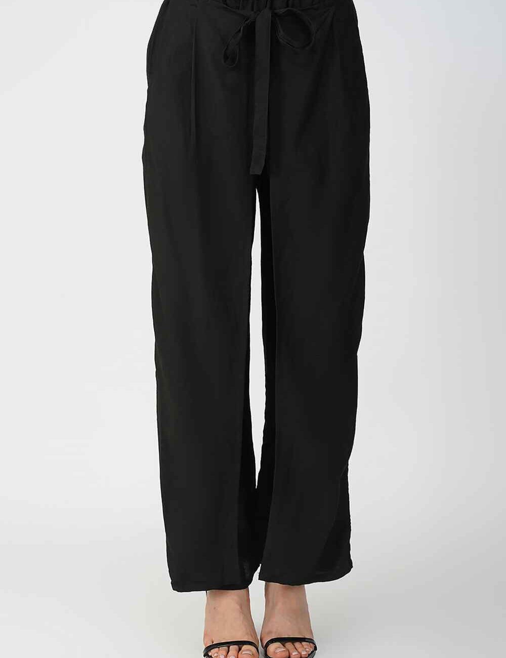 Black Cotton-Linen Palazzo Pants - Image 2