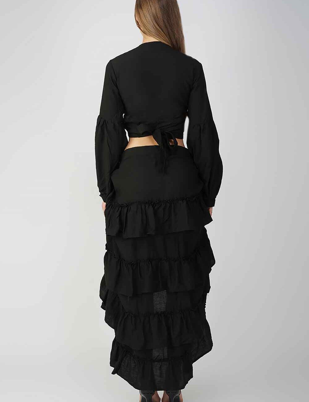 Black linen-cotton wrap top with long sleeves and a front tie detail