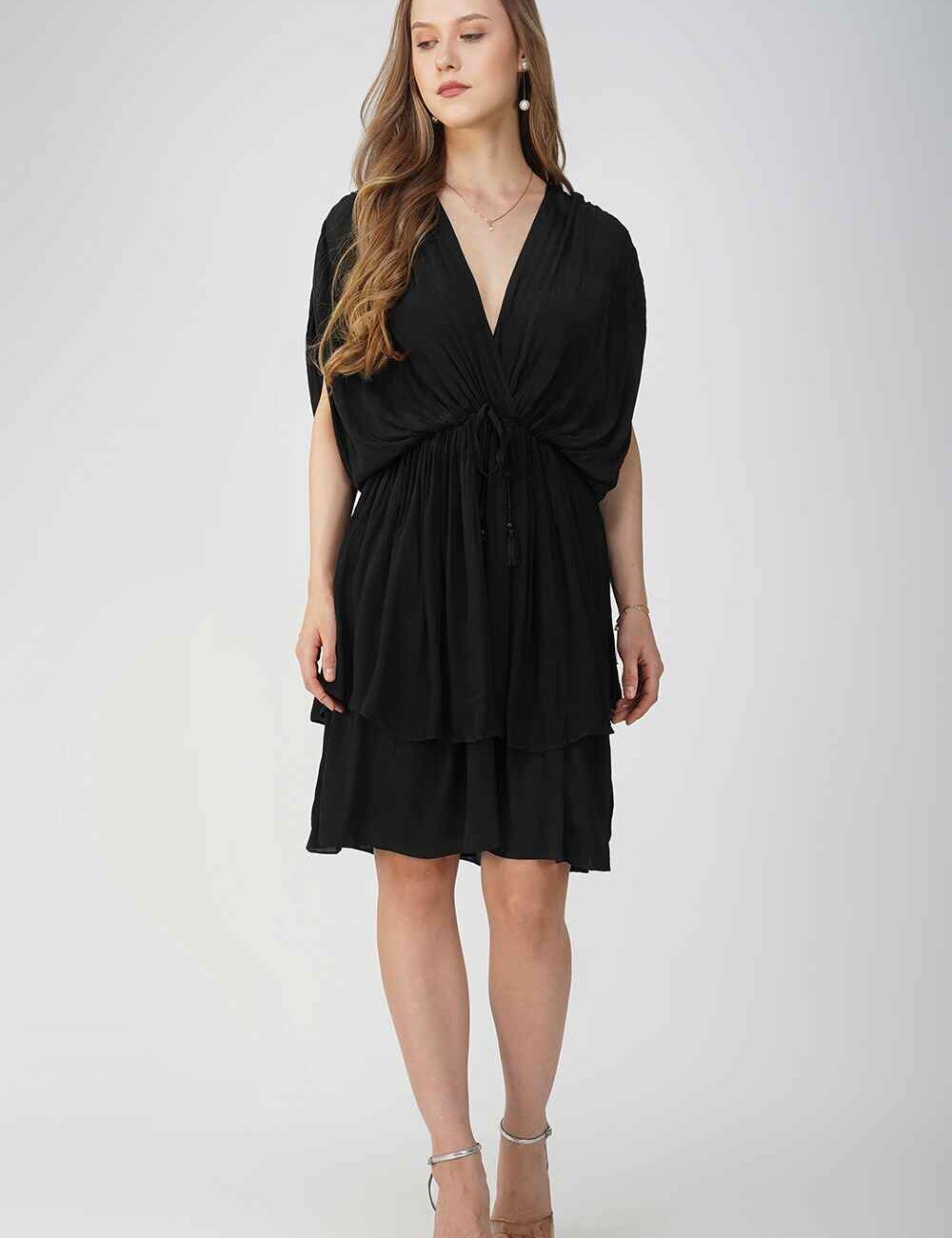 Black Drawstring V-Neck Party Dress - Image 6