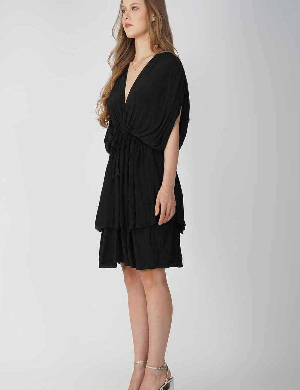 Black Drawstring V-Neck Party Dress - Image 5