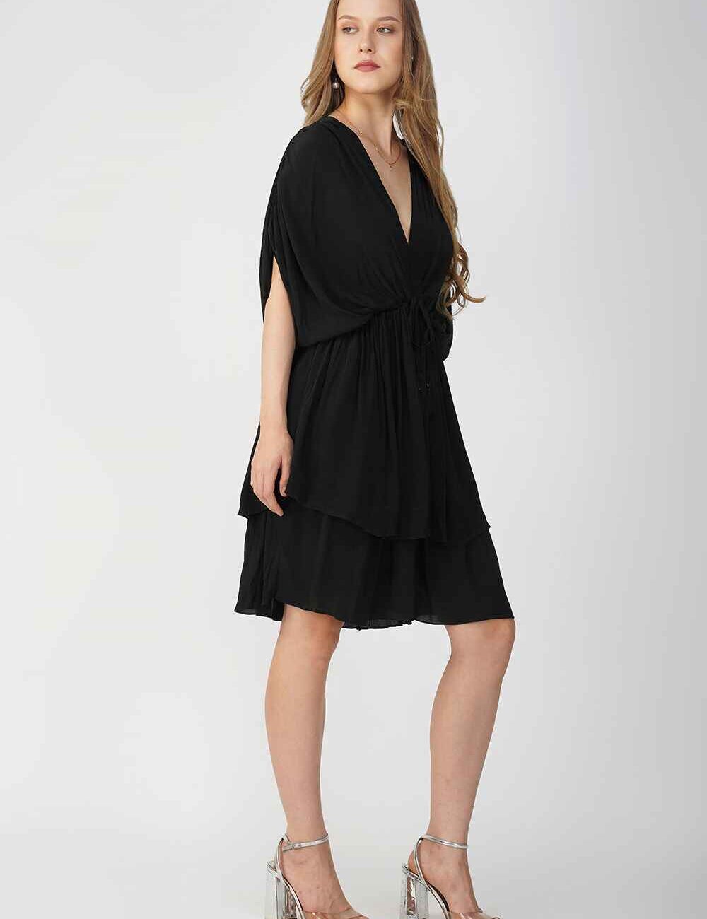 Black Drawstring V-Neck Party Dress - Image 4