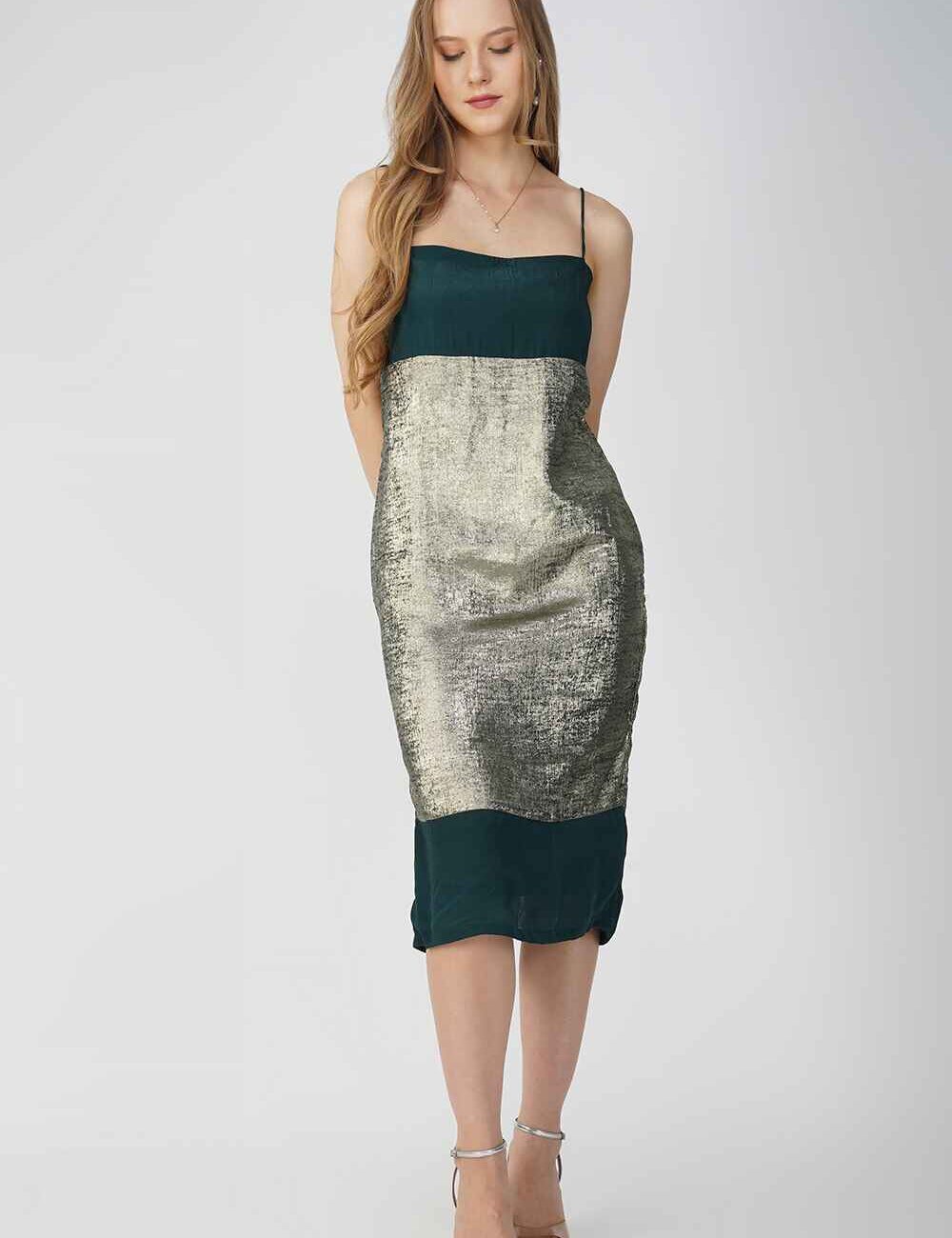 Green and Gold Zari Silk Party Dress - Image 4