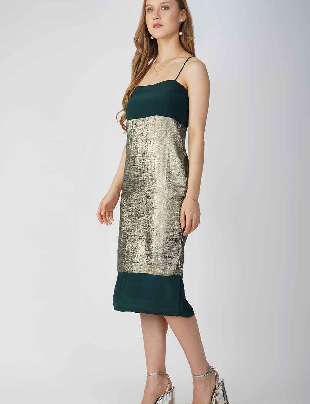Green and Gold Zari Silk Party Dress - Image 5