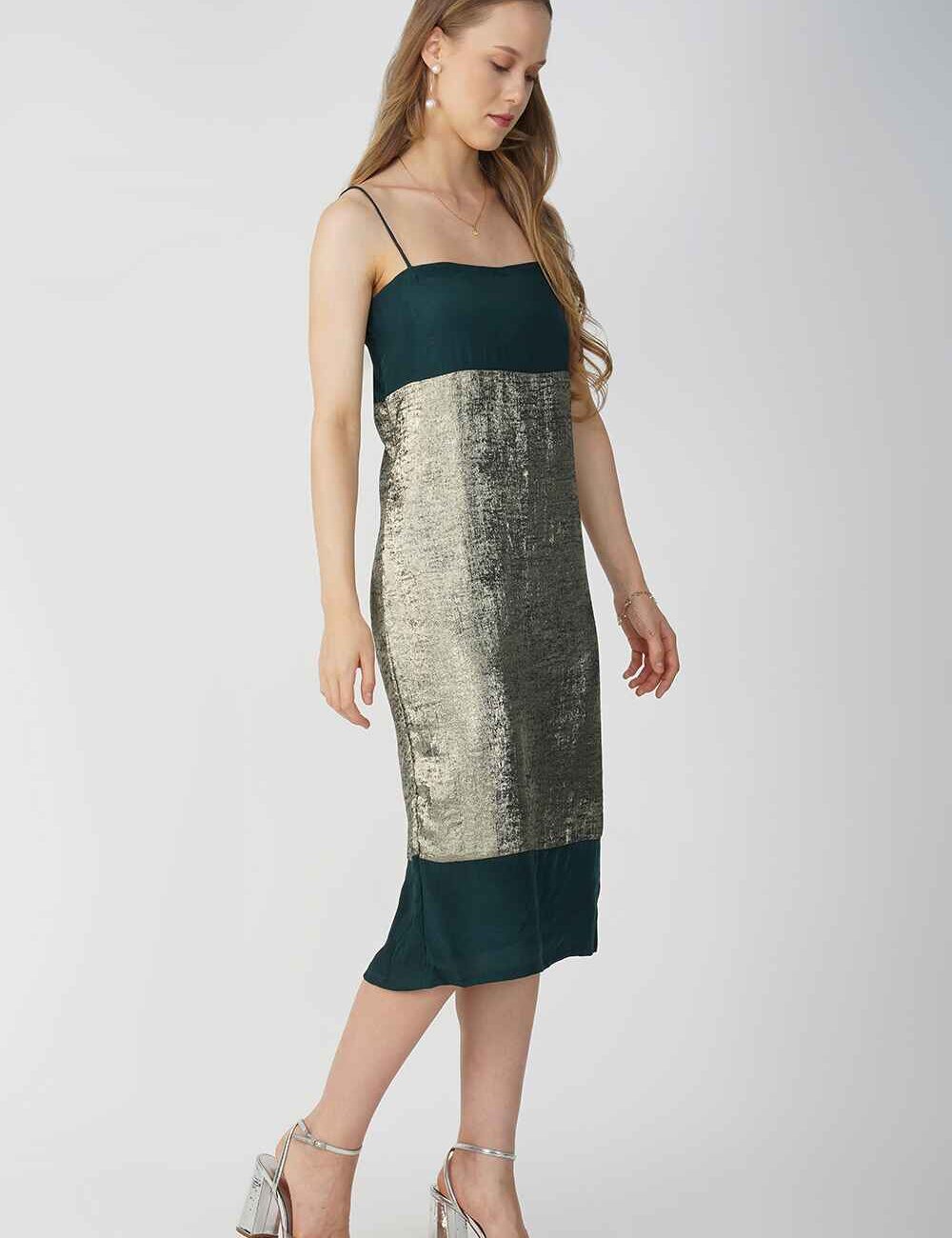 Green and Gold Zari Silk Party Dress - Image 6