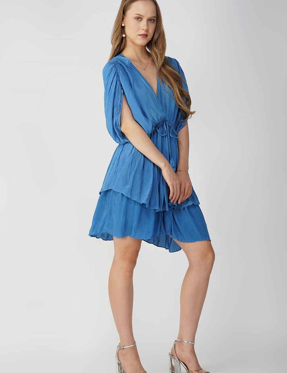 Blue Drawstring V-Neck Party Dress - Image 5