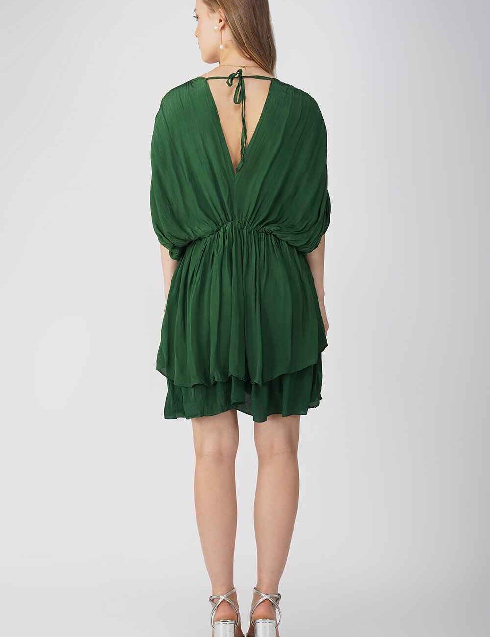 Green Drawstring V-Neck Party Dress - Image 2