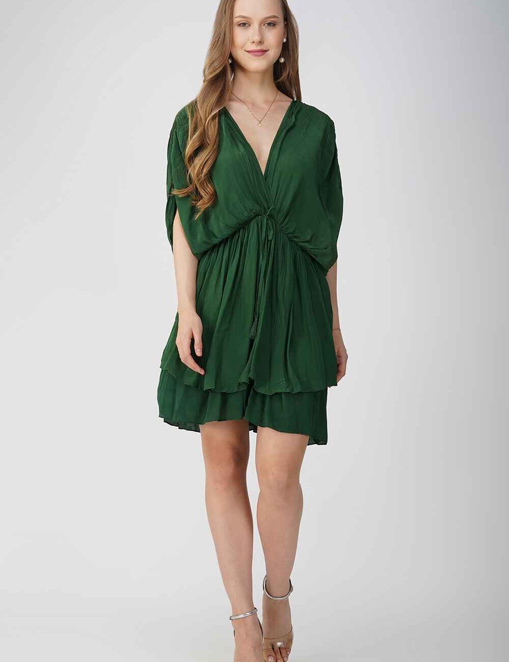Green Drawstring V-Neck Party Dress - Image 3