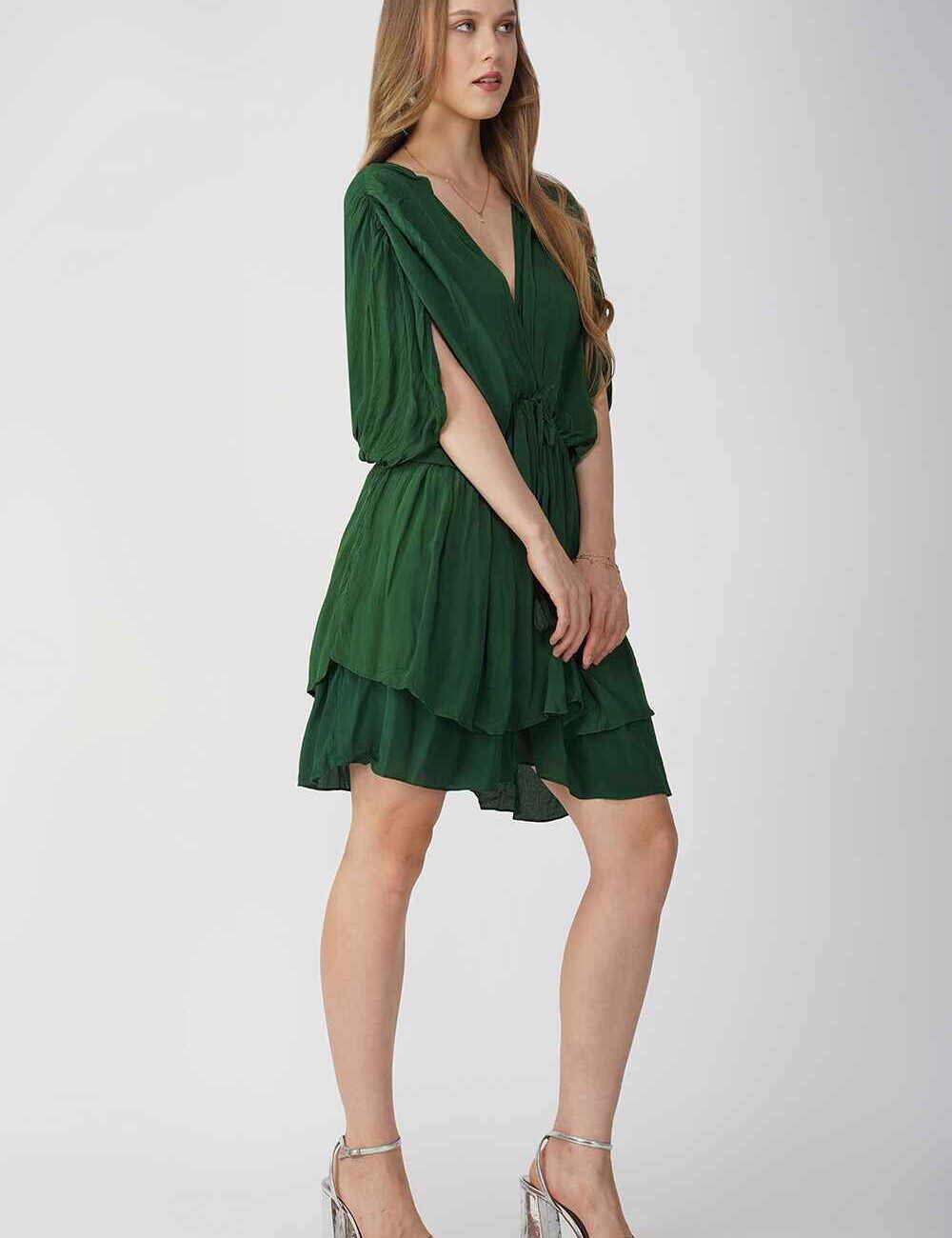 Green Drawstring V-Neck Party Dress - Image 5