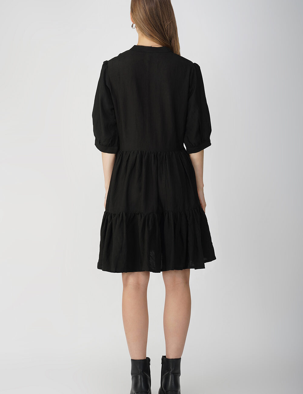 Black Buttoned Tiered Cotton Dress - Image 2
