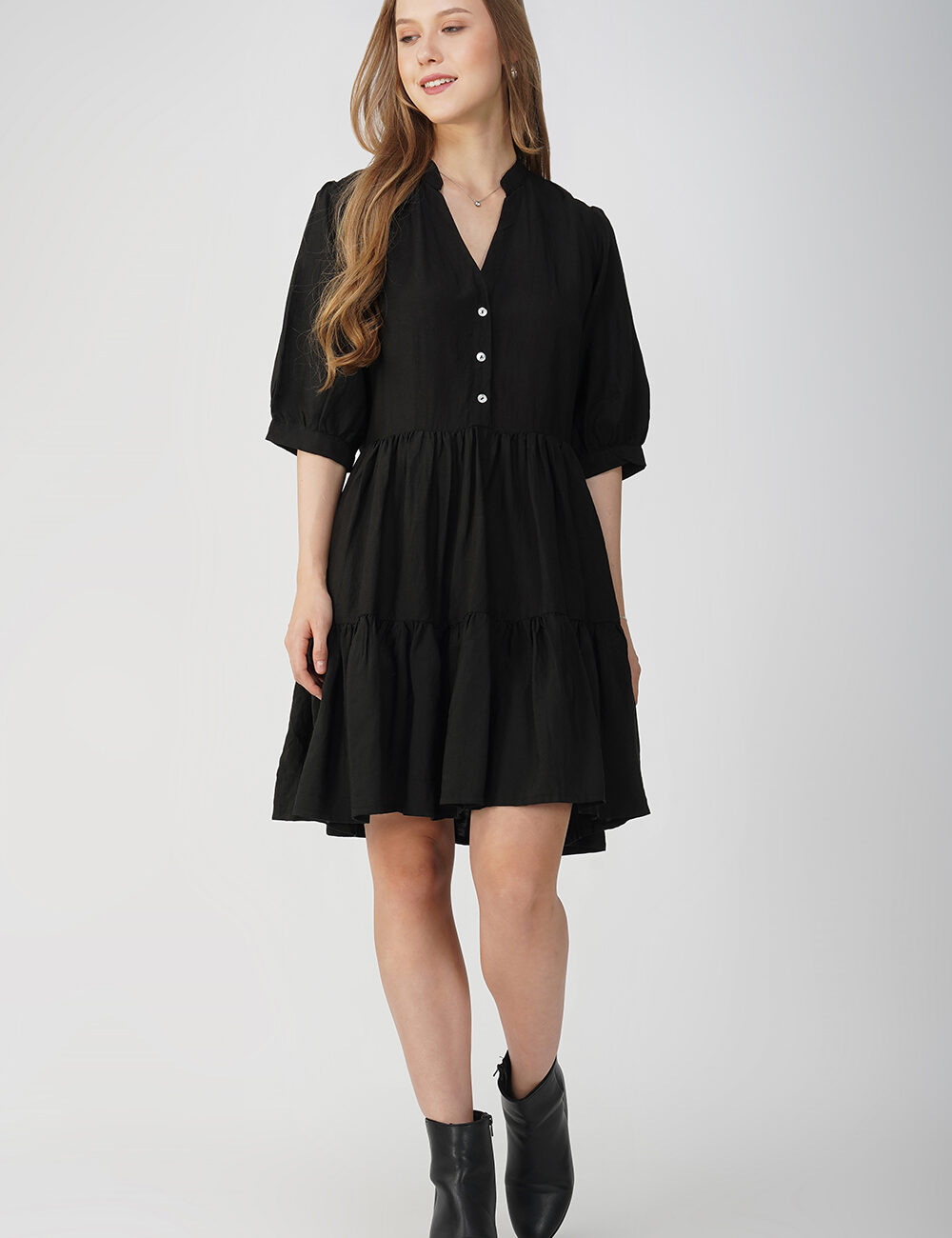 Black Buttoned Tiered Cotton Dress - Image 3
