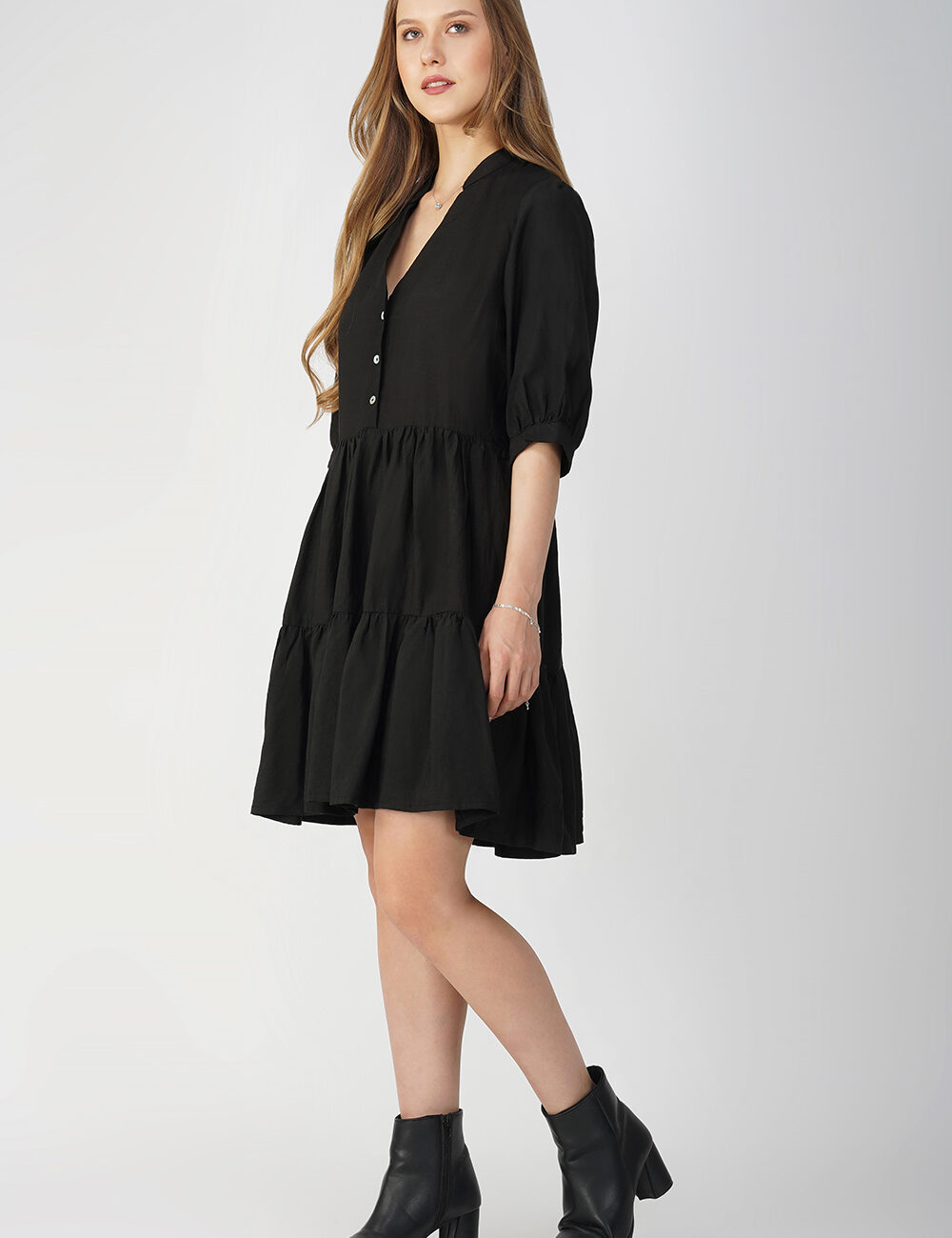 Black Buttoned Tiered Cotton Dress - Image 4
