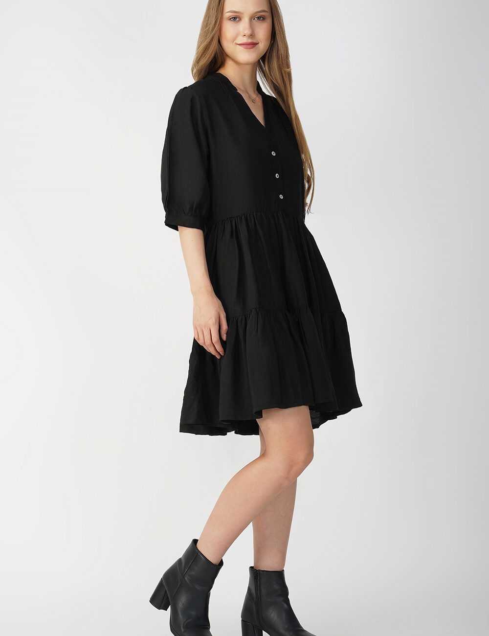 Black Buttoned Tiered Cotton Dress - Image 5