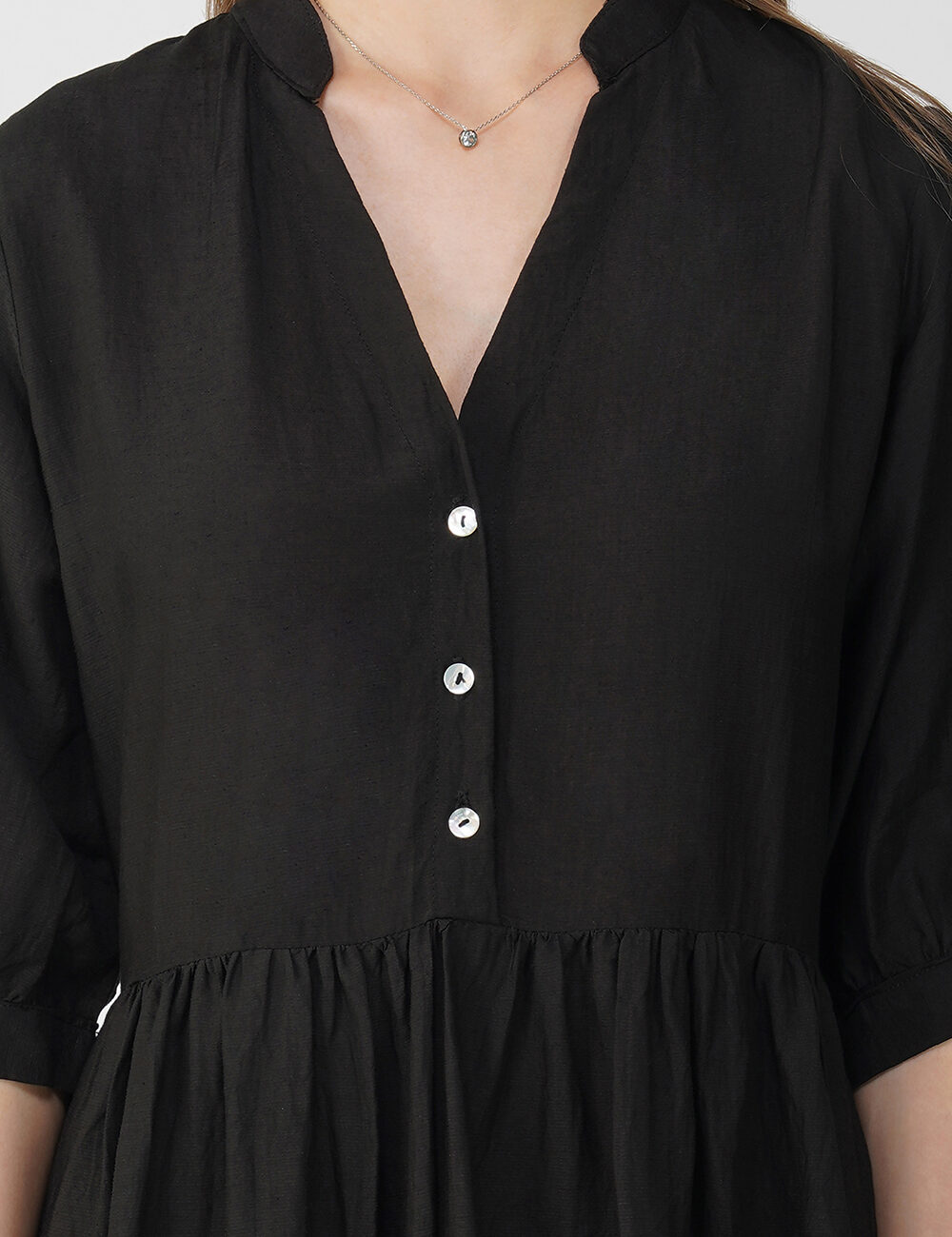 Black Buttoned Tiered Cotton Dress - Image 6