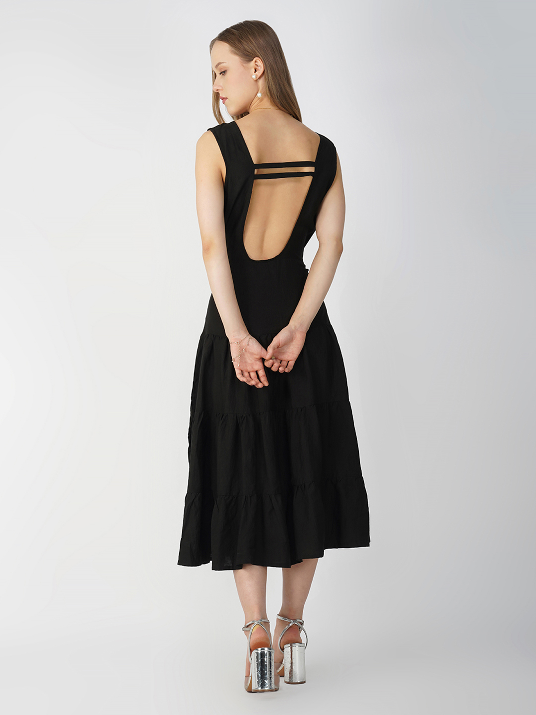 Flared Long Dress With Front Tie - Image 2