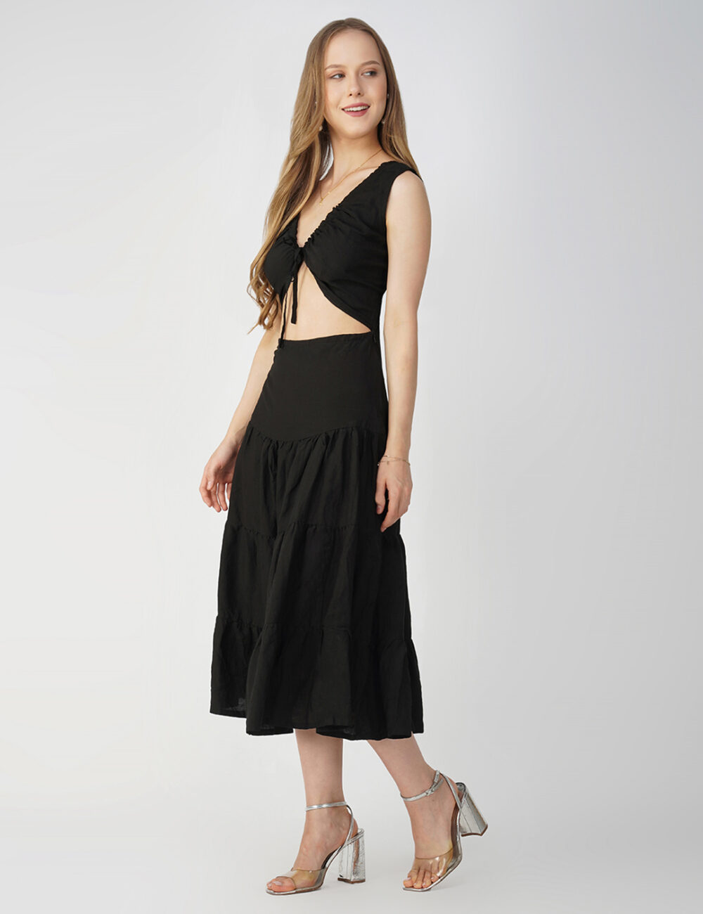 Flared Long Dress With Front Tie - Image 3