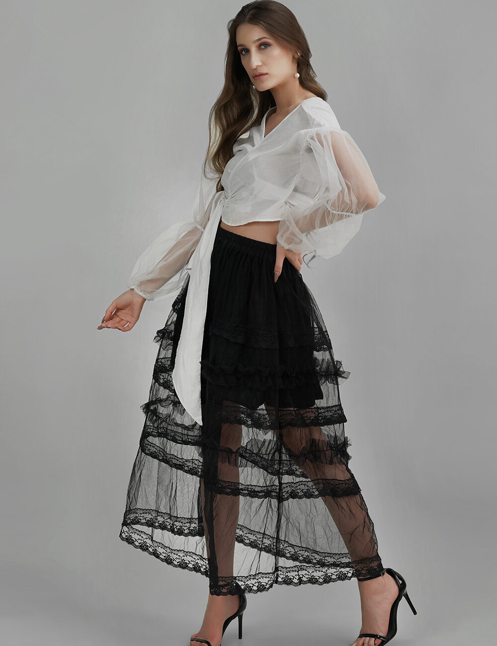 Balloon Sleeve Wrap Top with Butterfly Net - Image 5