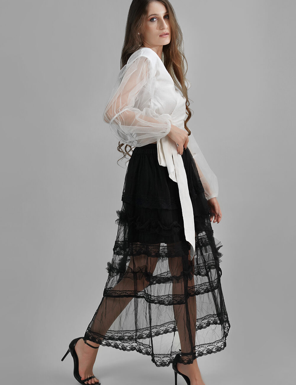 Balloon Sleeve Wrap Top with Butterfly Net - Image 6