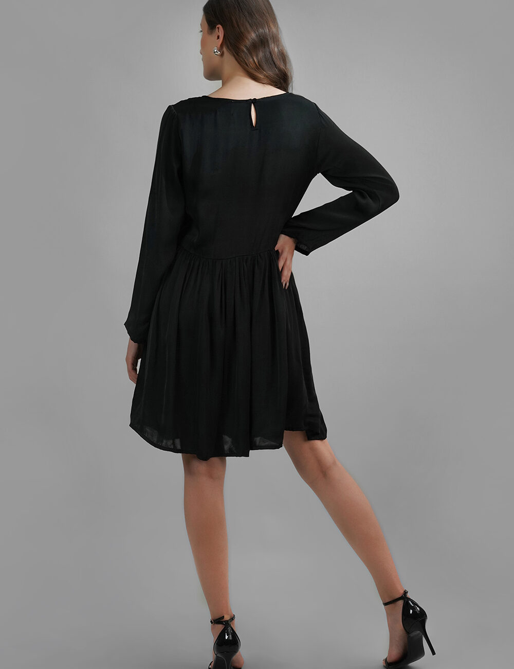 Black Gathered Satin Dress with Net Butterfly Appliqué - Image 4