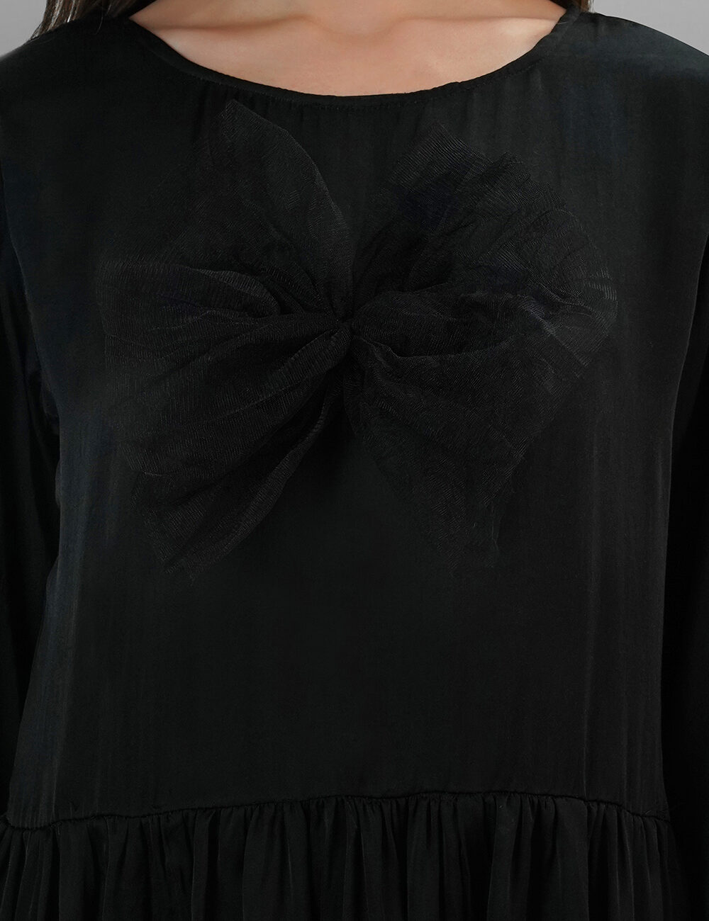 Black Gathered Satin Dress with Net Butterfly Appliqué - Image 2