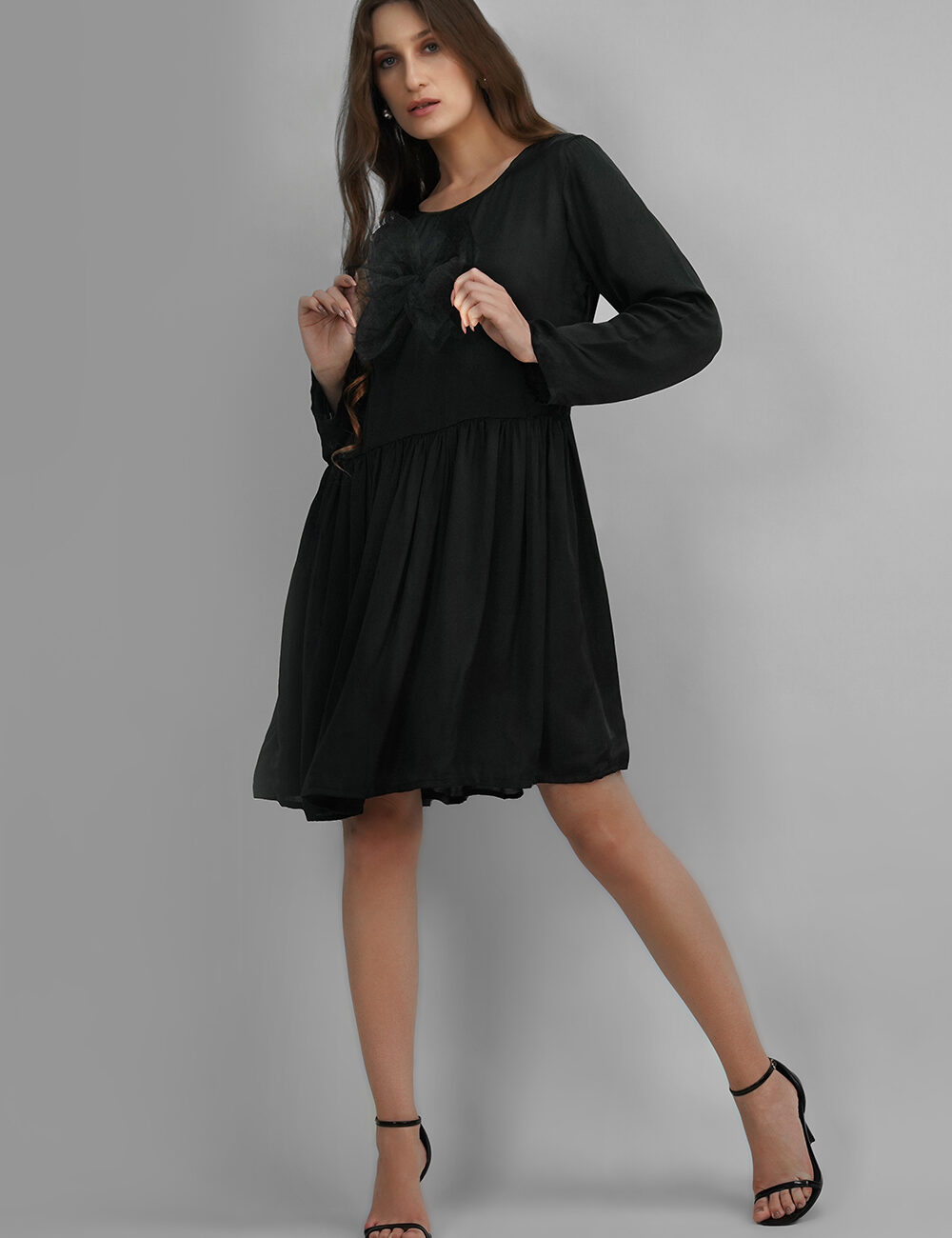 Black Gathered Satin Dress with Net Butterfly Appliqué - Image 5