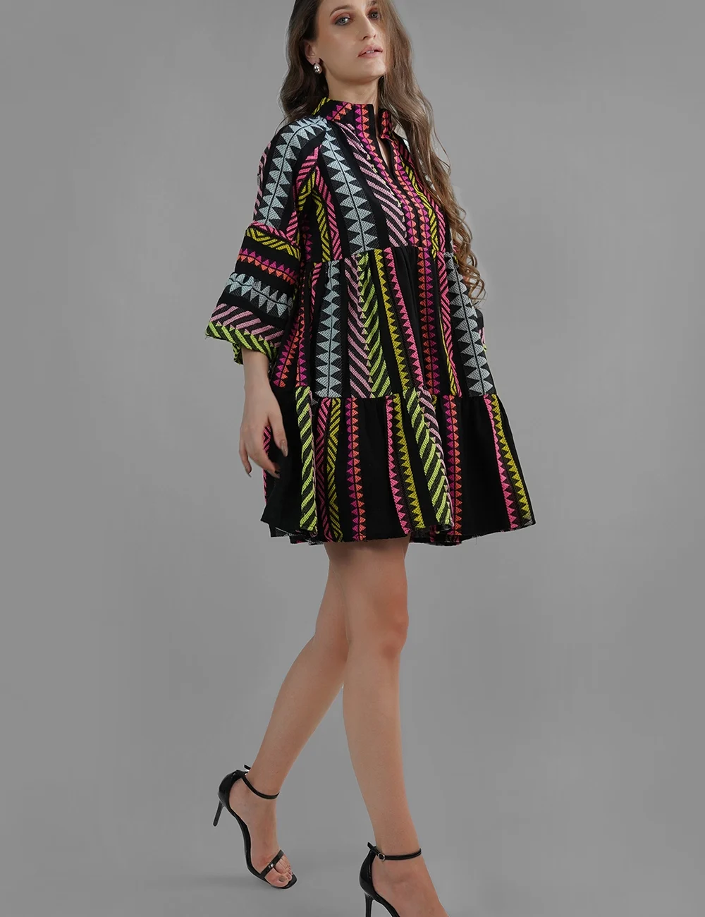 Multicolor Handmade Lurex Jacquard Cotton Dress with Loose Silhouette - Image 3