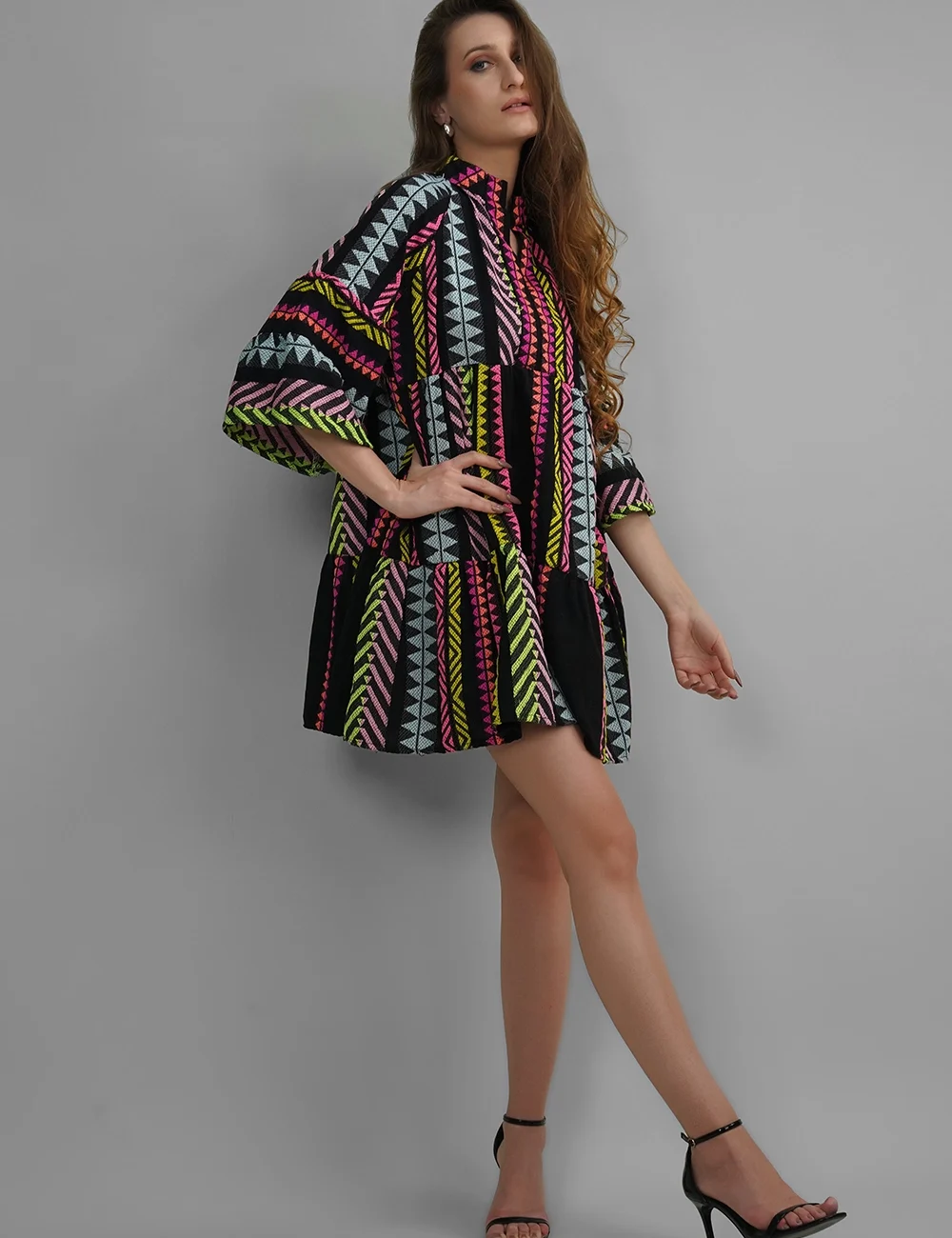 Multicolor Handmade Lurex Jacquard Cotton Dress with Loose Silhouette - Image 6
