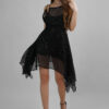 Model in Lelamer’s sequin-embroidered black mesh party dress with strappy shoulders