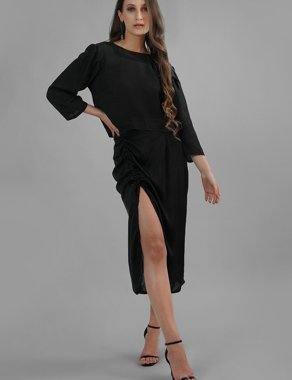 Black Crop Top with White Diamond Buttons in Viscose and Cotton Linen - Image 7
