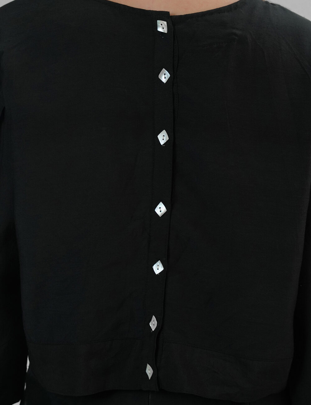 Black Crop Top with White Diamond Buttons in Viscose and Cotton Linen - Image 5