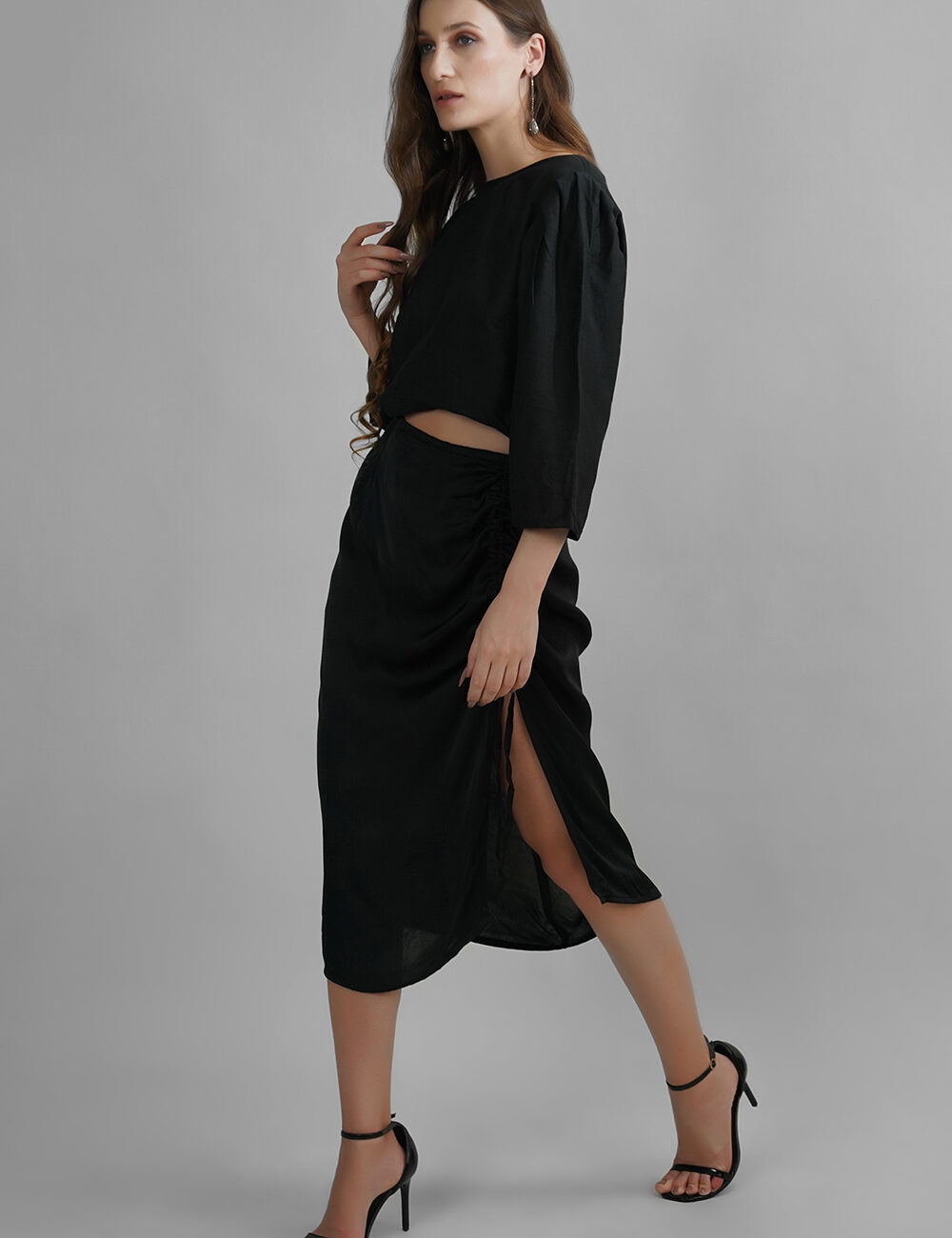 Black Crop Top with White Diamond Buttons in Viscose and Cotton Linen - Image 6