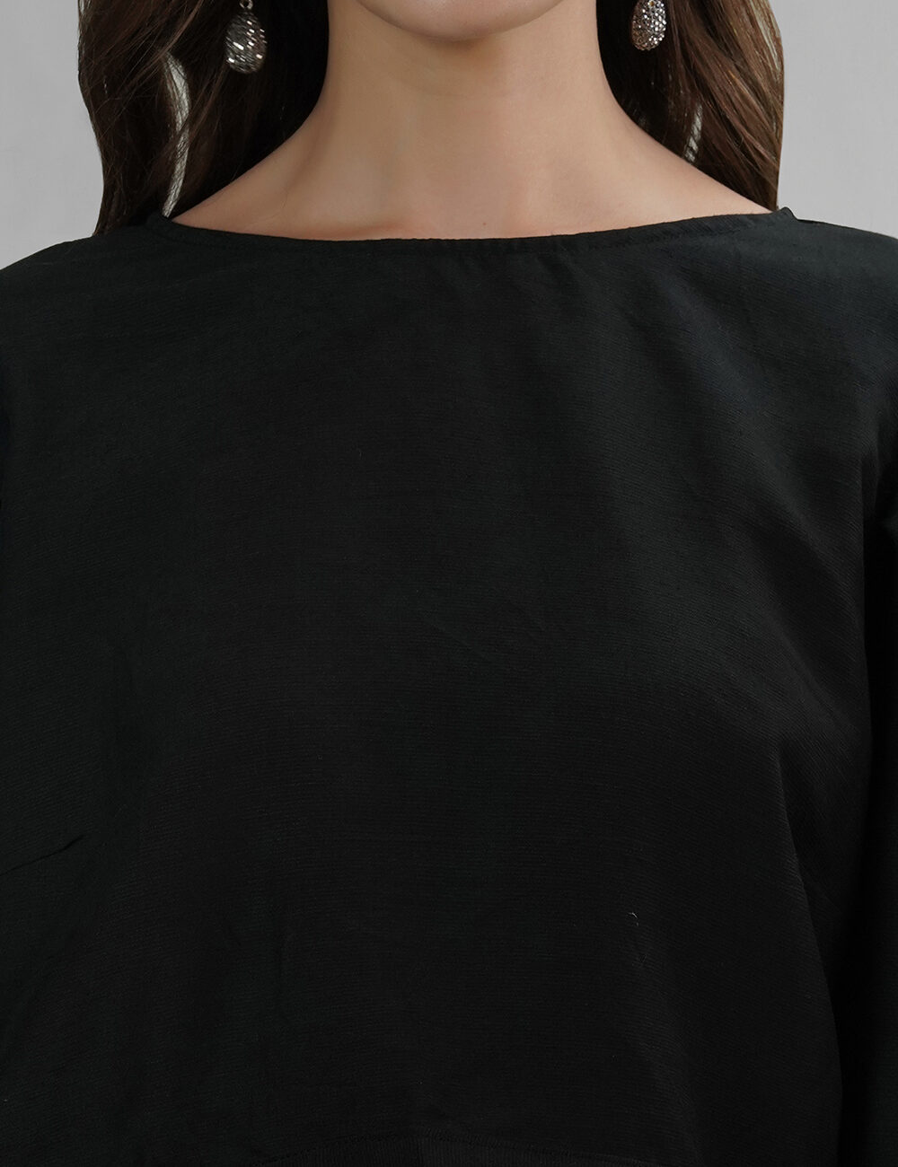 Black Crop Top with White Diamond Buttons in Viscose and Cotton Linen - Image 3