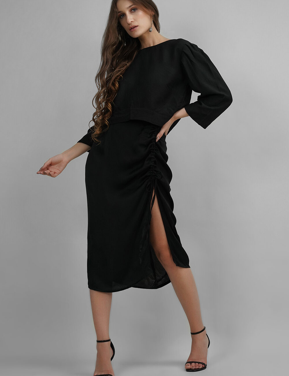 Adjustable Satin Side-Ruched Skirt with Front Slit - Image 3