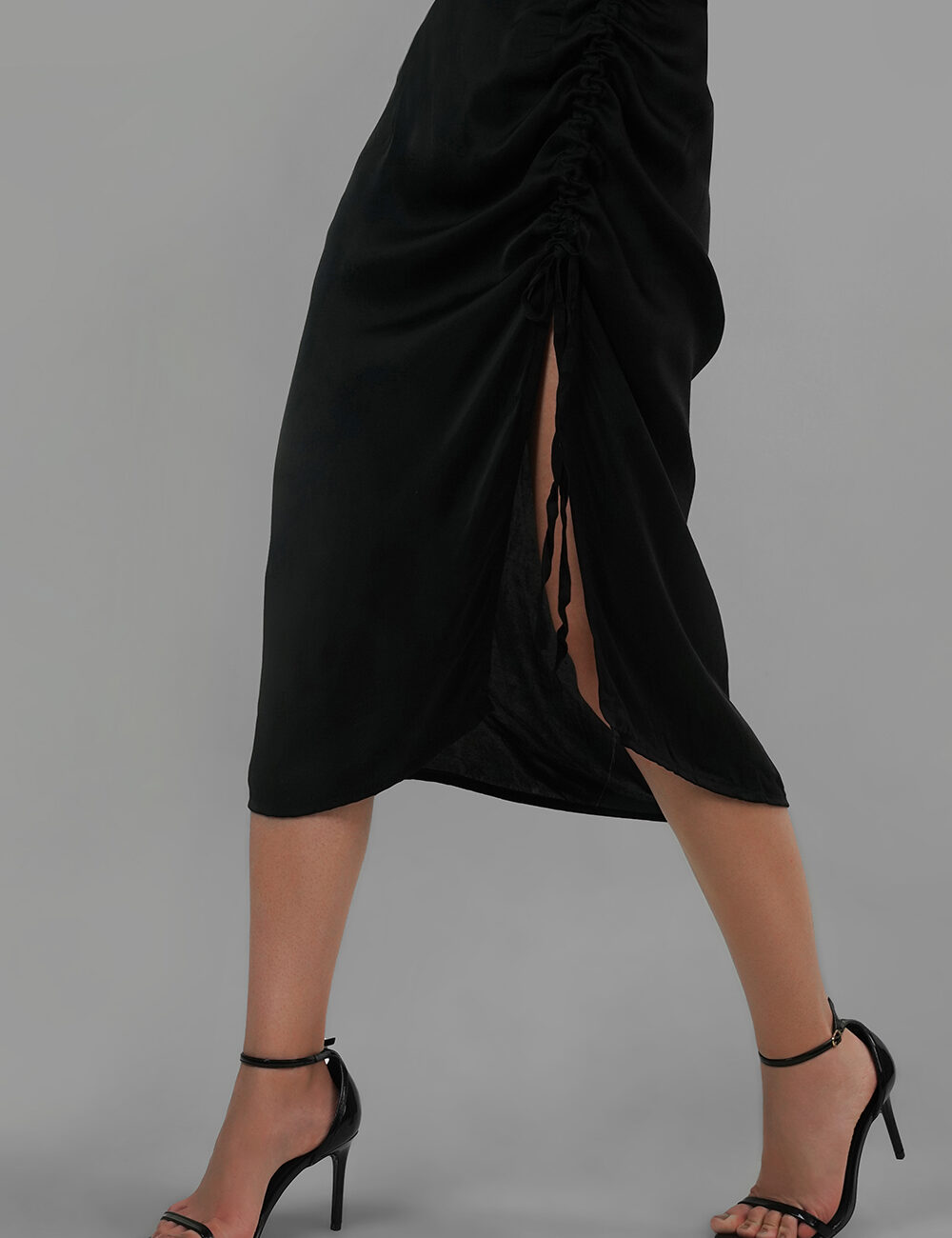 Adjustable Satin Side-Ruched Skirt with Front Slit - Image 2