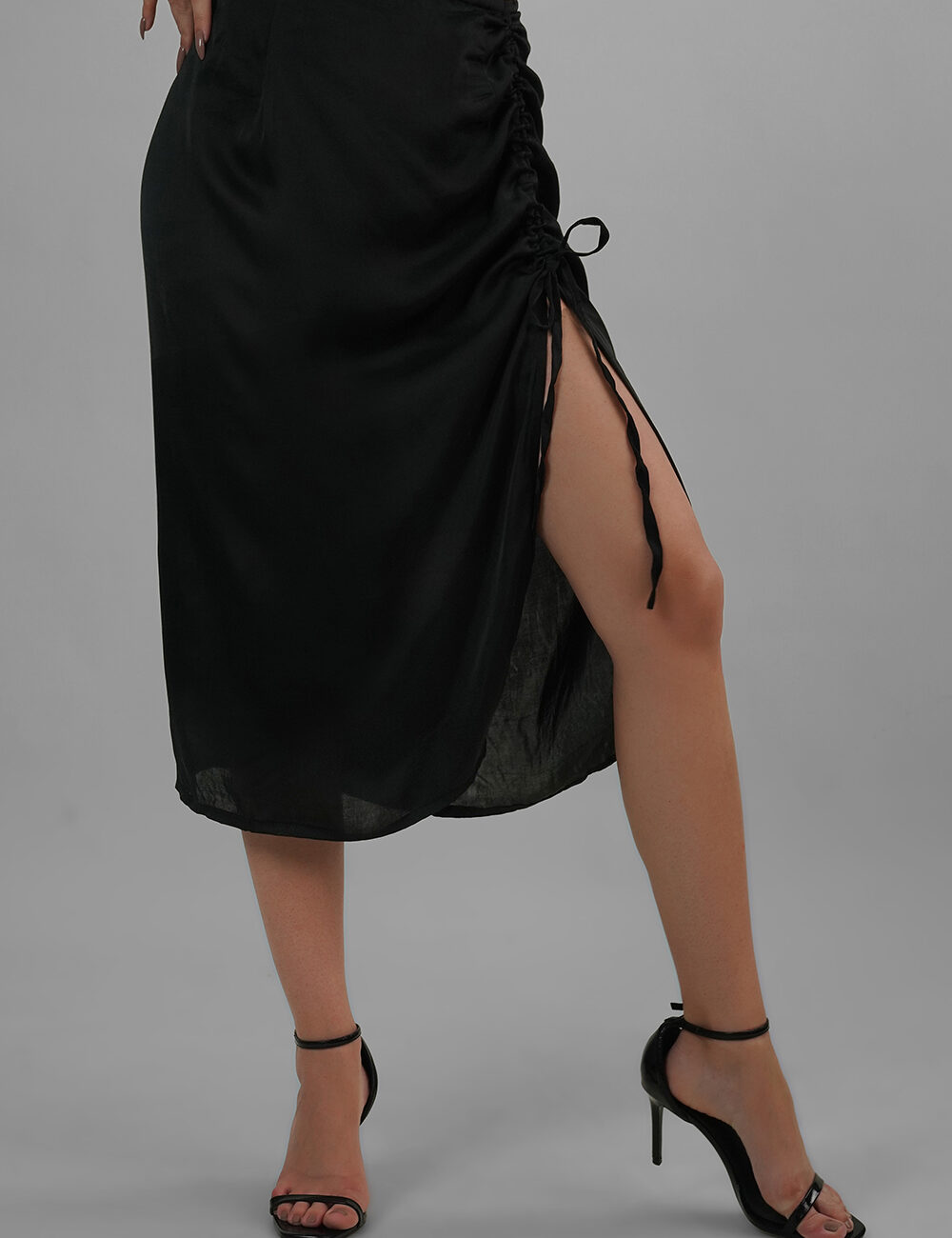 Adjustable Satin Side-Ruched Skirt with Front Slit - Image 6