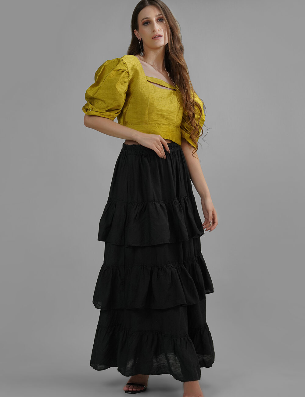 Golden Mustard Puffy Sleeves Top in Dhupian Silk - Image 4