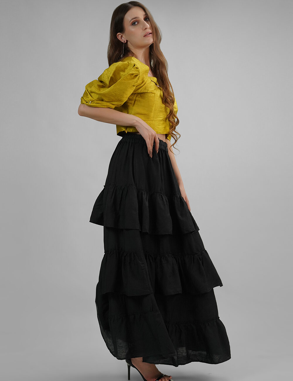 Golden Mustard Puffy Sleeves Top in Dhupian Silk - Image 3