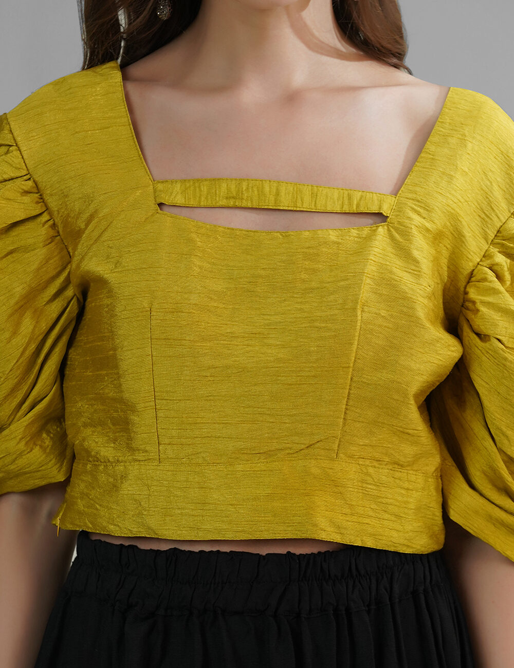 Golden Mustard Puffy Sleeves Top in Dhupian Silk - Image 2