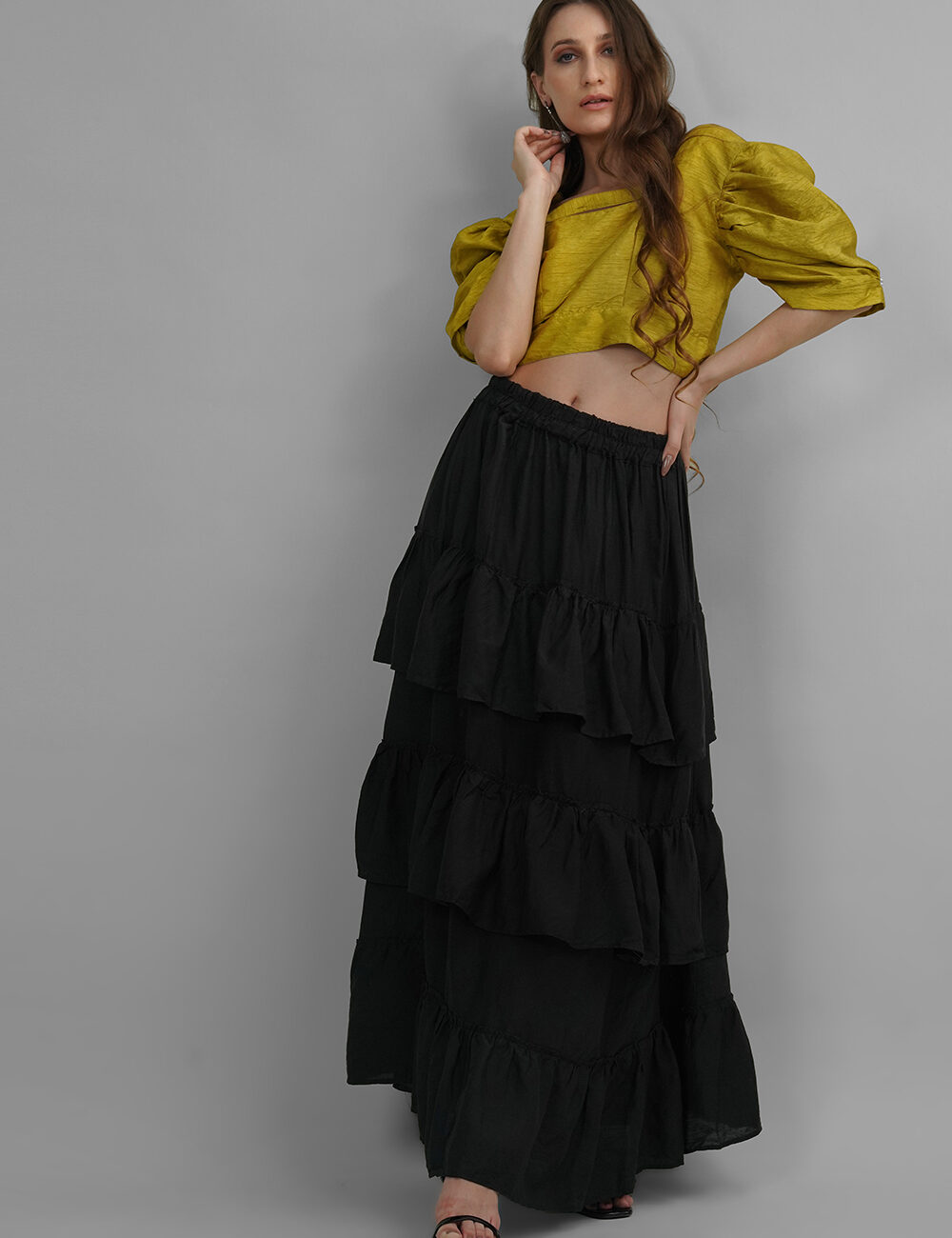 Golden Mustard Puffy Sleeves Top in Dhupian Silk - Image 6