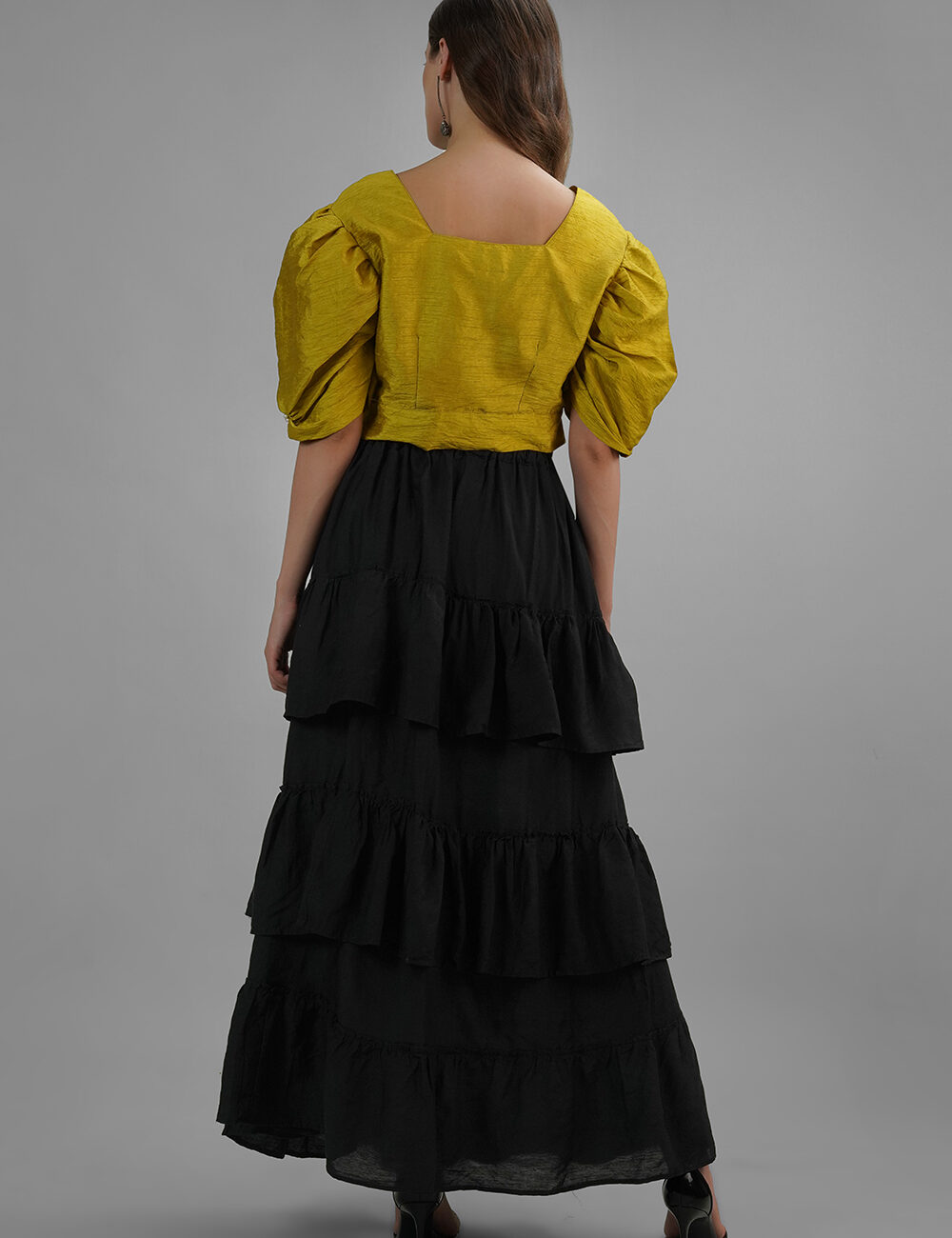Golden Mustard Puffy Sleeves Top in Dhupian Silk - Image 5