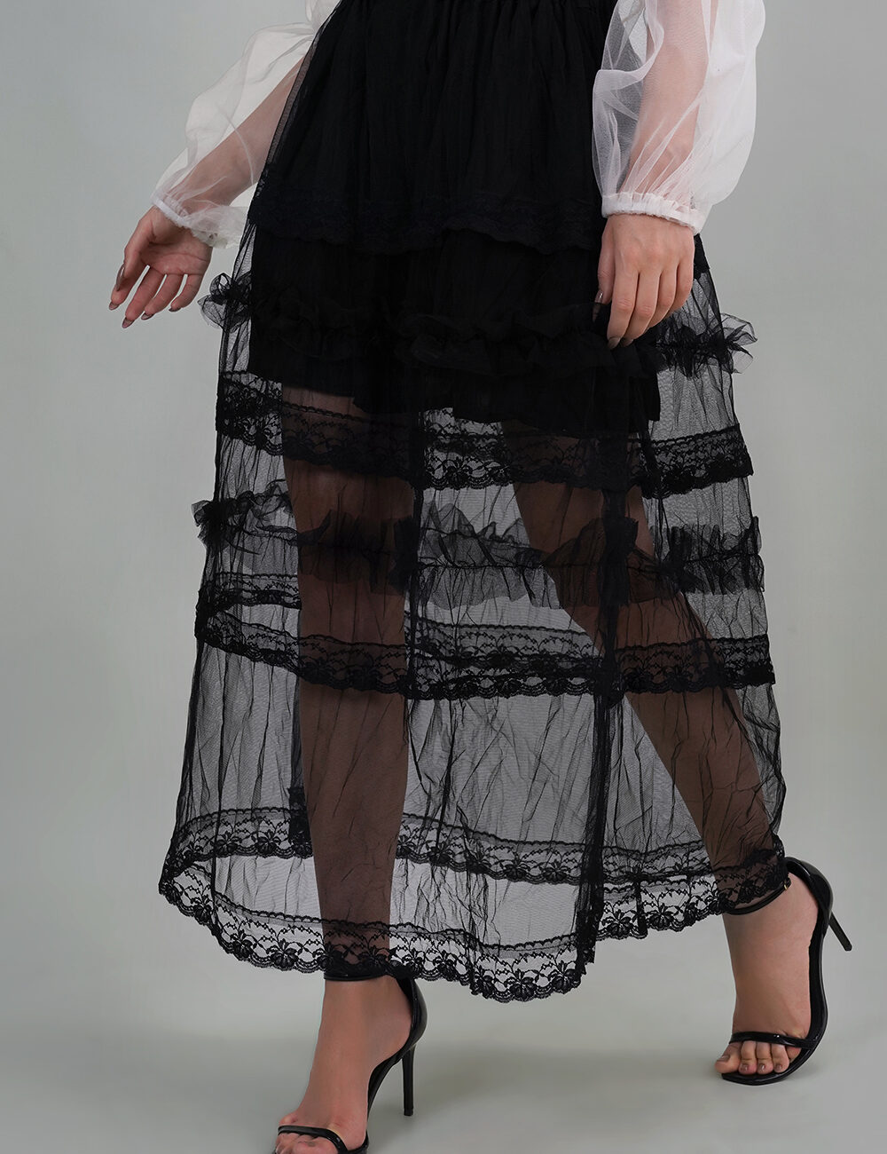 Butterfly Net Sheer Layered Skirt with Cotton & Handmade Lace Panels - Image 4