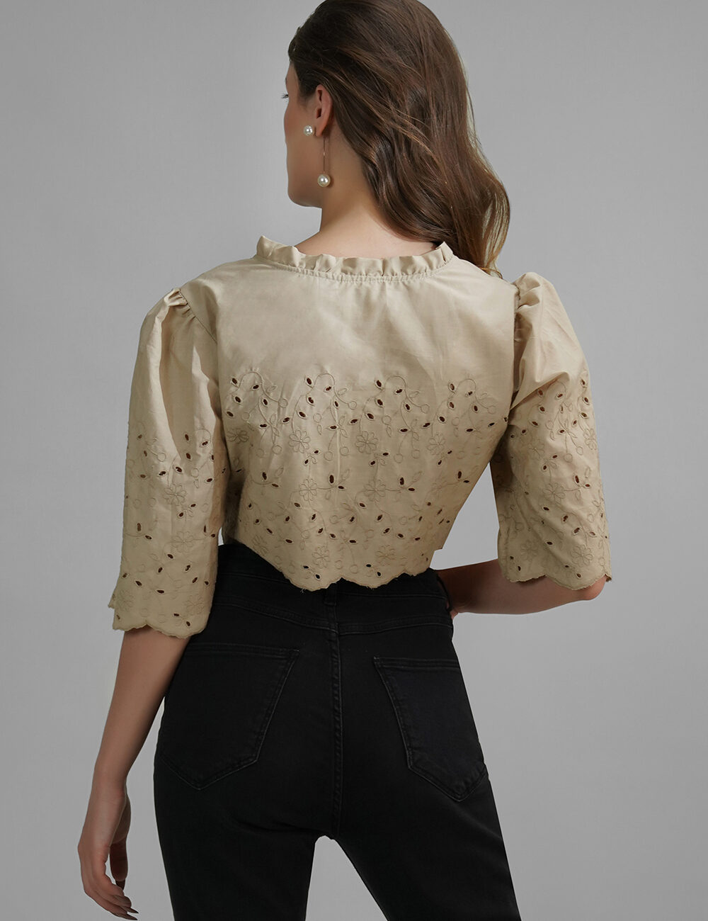 Beige Hakoba Tie-Up Crop Top with Puff Sleeves - Image 6