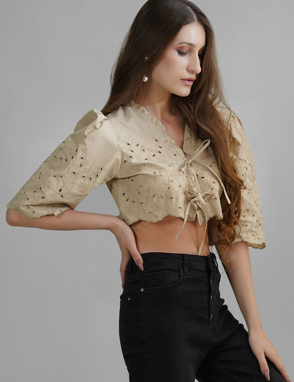 Beige Hakoba Tie-Up Crop Top with Puff Sleeves - Image 4