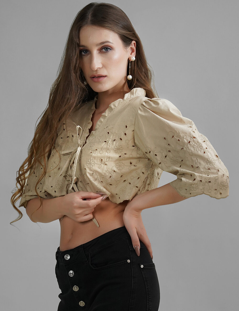 Beige Hakoba Tie-Up Crop Top with Puff Sleeves - Image 3