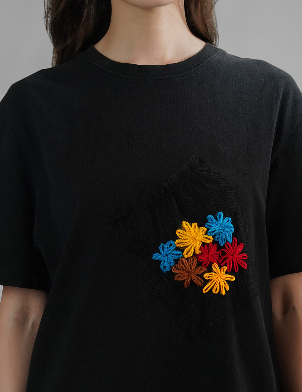 Oversized Cotton T-Shirt with Butterfly Net Hem & Hand Embroidered Pocket - Image 2